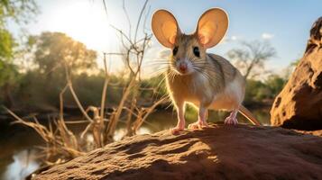 Nahansicht Foto von ein Springmaus suchen im ihr Lebensraum. generativ ai