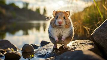 Nahansicht Foto von ein Hamster suchen im ihr Lebensraum. generativ ai