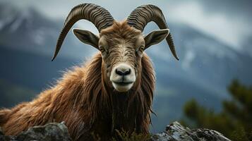 Nahansicht Foto von ein Steinbock suchen irgendein Richtung. generativ ai