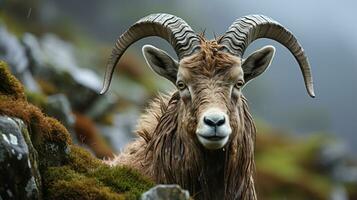 Nahansicht Foto von ein Steinbock suchen irgendein Richtung. generativ ai