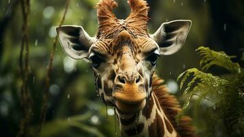 Nahansicht Foto von ein Giraffe suchen irgendein Richtung auf Dschungel. generativ ai