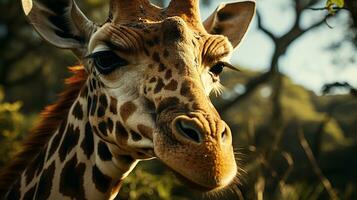 Nahansicht Foto von ein Giraffe suchen irgendein Richtung auf Dschungel. generativ ai