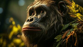 Nahansicht Foto von ein Gorilla suchen irgendein Richtung auf Dschungel. generativ ai