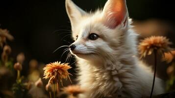 Nahansicht Foto von ein fennec Fuchs suchen irgendein Richtung im das Wüste. generativ ai