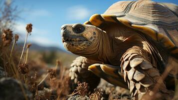 Nahansicht Foto von ein Wüste Schildkröte suchen irgendein Richtung im das Wüste. generativ ai