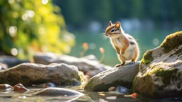 Nahansicht Foto von ein Chipmunk suchen im ihr Lebensraum. generativ ai