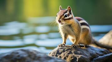 Nahansicht Foto von ein Chipmunk suchen im ihr Lebensraum. generativ ai