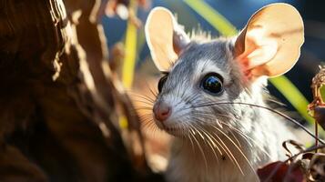 Nahansicht Foto von ein Wüste Springmaus suchen irgendein Richtung im das Wüste. generativ ai