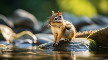 Nahansicht Foto von ein Chipmunk suchen im ihr Lebensraum. generativ ai