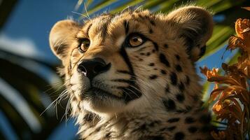 Nahansicht Foto von ein Gepard suchen irgendein Richtung auf Dschungel. generativ ai