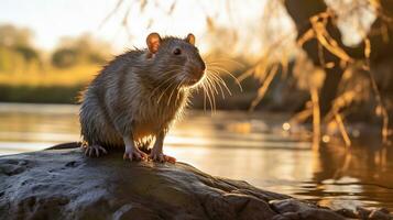 Nahansicht Foto von ein Stock Ratte suchen im ihr Lebensraum. generativ ai