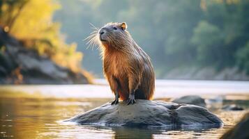 Nahansicht Foto von ein Capybara suchen im ihr Lebensraum. generativ ai