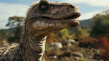 Nahansicht Foto von ein Brontosaurus suchen im ihr Lebensraum. generativ ai