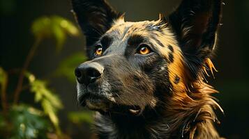 Nahansicht Foto von ein afrikanisch wild Hund suchen irgendein Richtung auf Dschungel. generativ ai