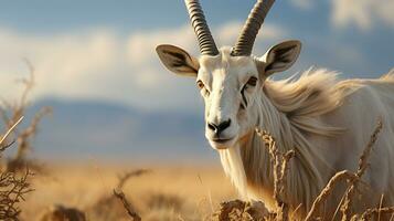 Nahansicht Foto von ein arabisch Oryx suchen irgendein Richtung im das Wüste. generativ ai