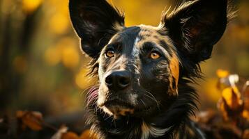 Nahansicht Foto von ein afrikanisch wild Hund suchen irgendein Richtung auf Dschungel. generativ ai