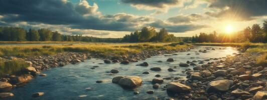 Wald Fluss mit Steine auf Ufer beim Sonnenuntergang. ai generiert foto