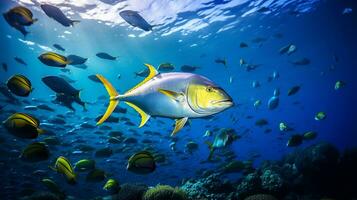 Foto von Gelbflosse Thunfisch mit verschiedene Fisch zwischen gesund Koralle Riffe im das Blau Ozean. generativ ai