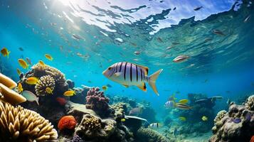 Foto von Zebrafisch mit verschiedene Fisch zwischen gesund Koralle Riffe im das Blau Ozean. generativ ai