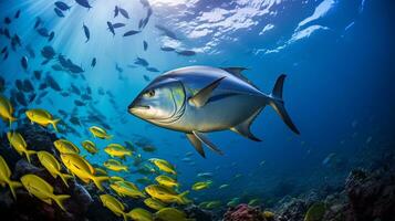 Foto von Gelbflosse Thunfisch mit verschiedene Fisch zwischen gesund Koralle Riffe im das Blau Ozean. generativ ai