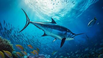 Foto von Schwertfisch mit verschiedene Fisch zwischen gesund Koralle Riffe im das Blau Ozean. generativ ai