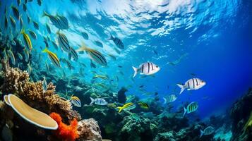 Foto von Röntgen Tetra Fisch mit verschiedene Fisch zwischen gesund Koralle Riffe im das Blau Ozean. generativ ai