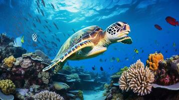 Foto von Meer Schildkröte mit verschiedene Fisch zwischen gesund Koralle Riffe im das Blau Ozean. generativ ai
