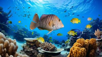 Foto von Flunder mit verschiedene Fisch zwischen gesund Koralle Riffe im das Blau Ozean. generativ ai