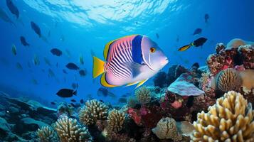 Foto von Kaiserfisch mit verschiedene Fisch zwischen gesund Koralle Riffe im das Blau Ozean. generativ ai