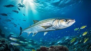 Foto von Barrakuda mit verschiedene Fisch zwischen gesund Koralle Riffe im das Blau Ozean. generativ ai