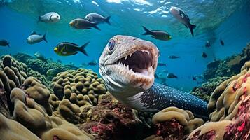 Foto von Aal mit verschiedene Fisch zwischen gesund Koralle Riffe im das Blau Ozean. generativ ai