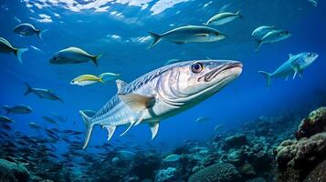 Foto von Barrakuda mit verschiedene Fisch zwischen gesund Koralle Riffe im das Blau Ozean. generativ ai