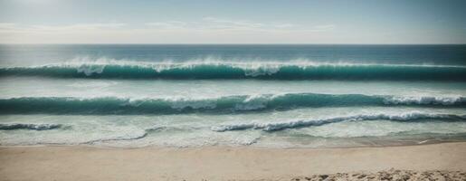 schön sandig Strand und Sanft Blau Ozean Welle. ai generiert foto