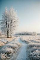 Weiß Holz bedeckt mit Frost eisig Landschaft. ai generiert foto