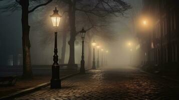 nebelig Straße mit Straße Lampen und Bänke. generativ ai foto