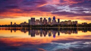 Stadt Horizont ist reflektiert im das Wasser beim Sonnenuntergang. generativ ai foto