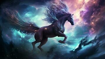 Nebel Pegasus nimmt Flug inmitten kosmisch Nebel. generativ ai foto