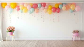 Zimmer mit ein Bündel von Luftballons hängend von das Decke. generativ ai foto