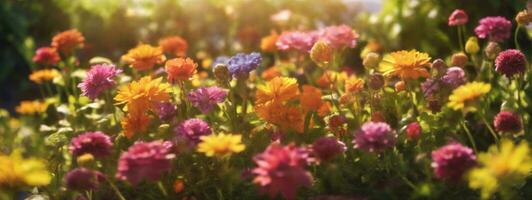 Gartenarbeit Konzept. Garten Blumen und Pflanzen auf ein sonnig Hintergrund. ai generiert foto