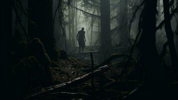 Mann Stehen im das Mitte von ein Wald. generativ ai foto