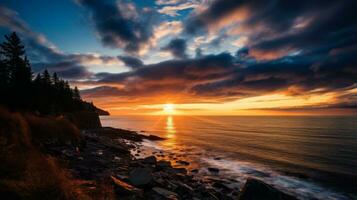 atemberaubend Sonnenuntergang Über das felsig Küstenlinie. generativ ai foto