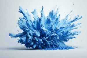 abstrakt Blau Staub Explosion auf Weiß Hintergrund. einfrieren Bewegung von Blau Pulver Spritzen. gemalt holi im Festival.. ai generiert foto