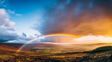 Regenbogen spähen durch dramatisch Wolken. generativ ai foto