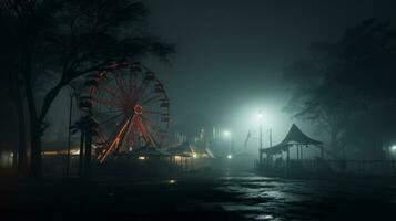 Karneval beim Nacht mit ein Ferris Rad im das Nebel. generativ ai foto