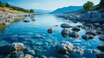 generativ ai, still Ufer Umarmen Strand Gelassenheit foto