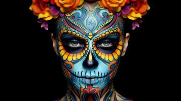 festlich Calavera Gesicht Farbe dia de los Muertos, ai generativ foto