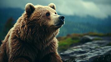 majestätisch Grizzly Bär wandernd im das zauberhaft Wald, ai generativ foto