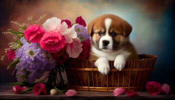 generativ ai, Hündchen Liebe ein süß Welpe posiert im ein Korb inmitten ein Blumen- Paradies foto