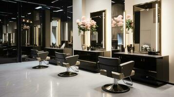 Haar Salon mit Stühle und Spiegel und Blumen. generativ ai foto