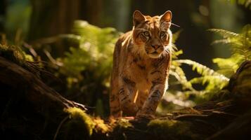 majestätisch Katze erkunden ein beschwingt Grün Wald. generativ ai foto